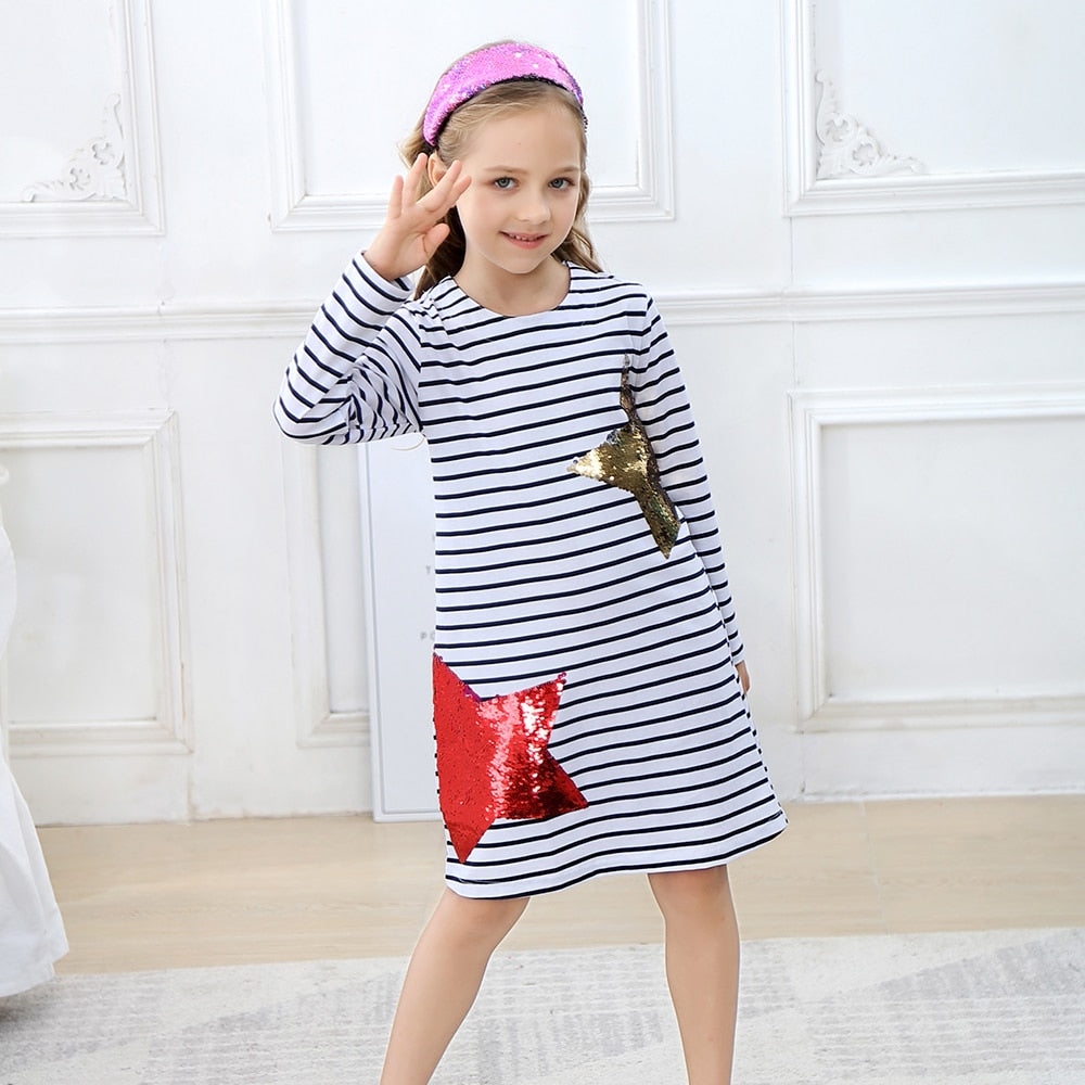Girls Dress Long Sleeve Baby Girls Clothes Reversible Sequined Princess Dress Christmas Costume for Kids Clothing Children Dress