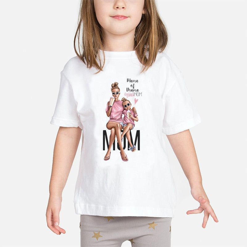 Super Mom Baby Girls T Shirt Mother and Baby Love Life Vogue Kawaii Printed T-Shirts Mommy's Love Kids White Clothing Child Tops