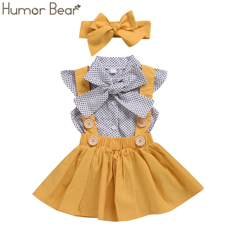 Humor Bear Baby Girls Clothes Sets 2019 Summer Dot flying sleeve top+strap dress+Headband 3-piece kids Children's Clothing Suit