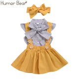 Humor Bear Baby Girls Clothes Sets 2019 Summer Dot flying sleeve top+strap dress+Headband 3-piece kids Children's Clothing Suit